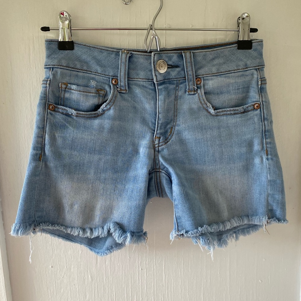 American Eagle Outfitters AEO Midi Distressed Super Super Stretch Denim Shorts